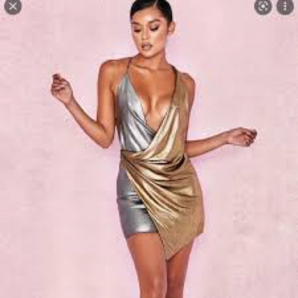 House of CB Davina Metallic Gold and Silver Two Tone Plunging Party Dress - Picture 1 of 4